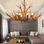 Charger l&#39;image dans la galerie, Vintage Antler LED Chandelier Light Brown Retro Resin Deer Horn Ceiling Mount Hanging Chain Pendant Lamp
