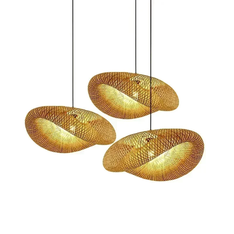 Bamboo Hand Weaving Pendant Lights 40/60/80cm Hanging LED Ceiling Lamp Chandelier Fixture Rattan Hand Craft Woven Bedroom Decor